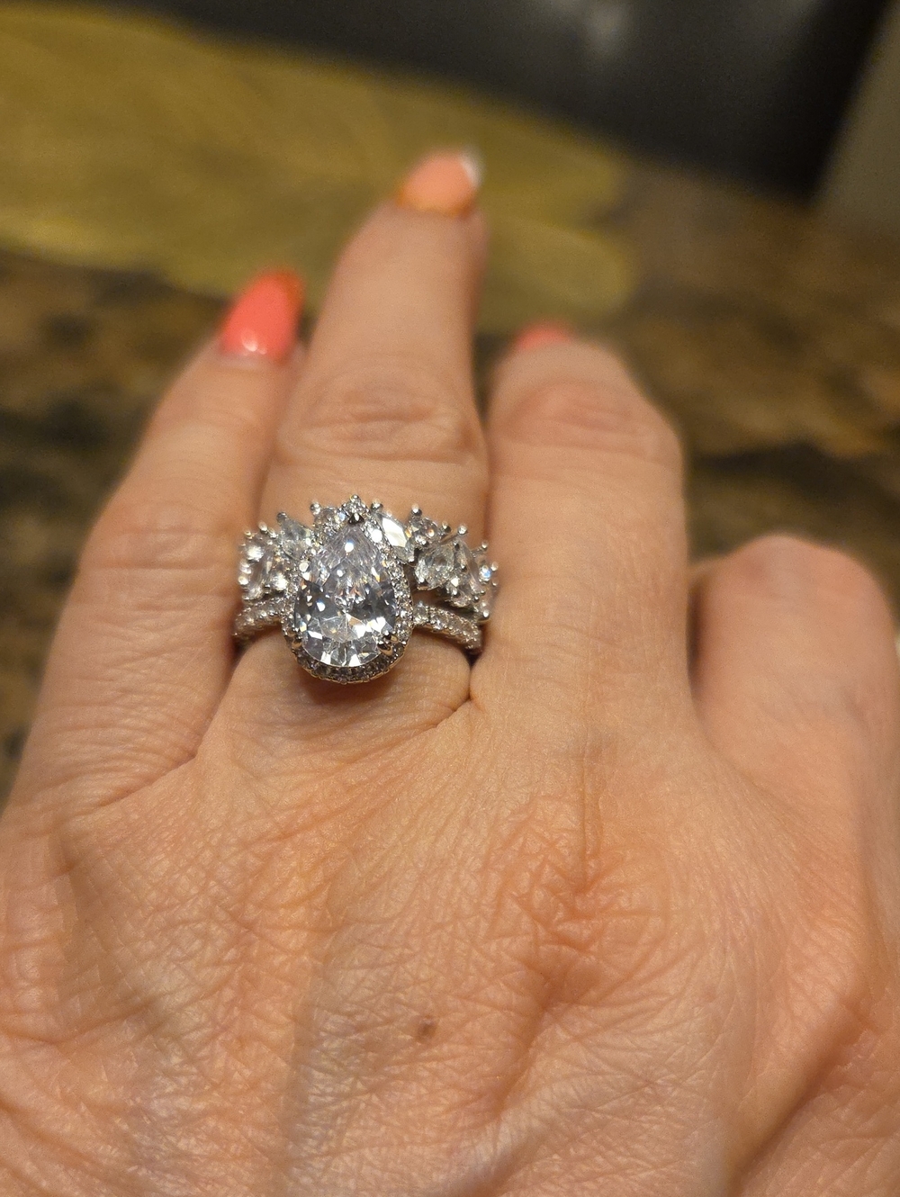 Silver Pear-Cut 5a Ideal Cut CZ Engagement Ring Bridal Set - Clear 4 Ct. Center